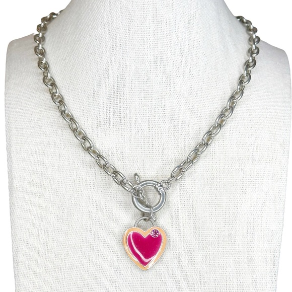 Vintage Y2K Bimbocore Pink Heart Rhinestone Toggle Closure Chain Necklace - Picture 1 of 6